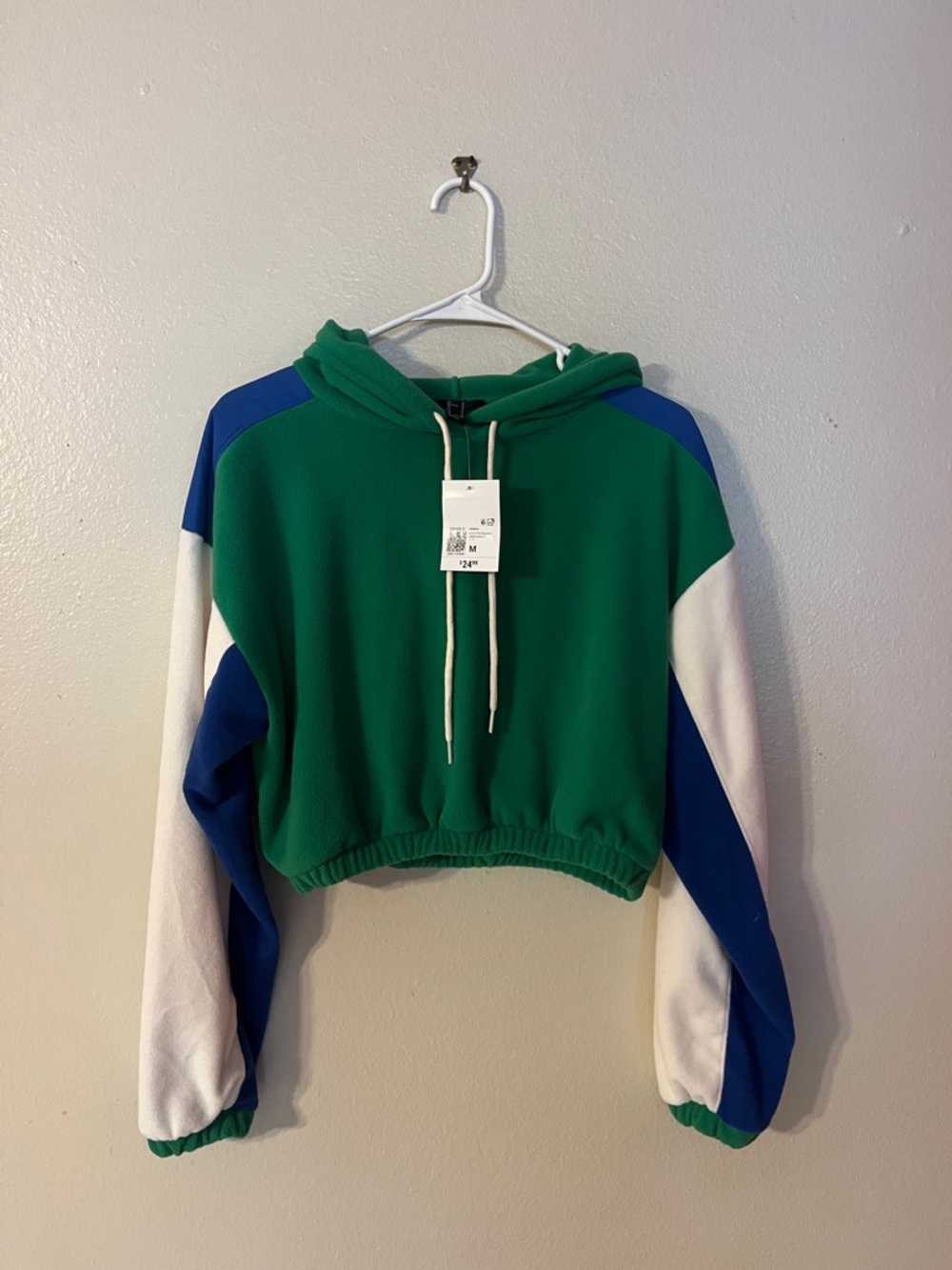 Forever 21 Green Colorblock Cropped Hoodie with Blue & White Sleeves